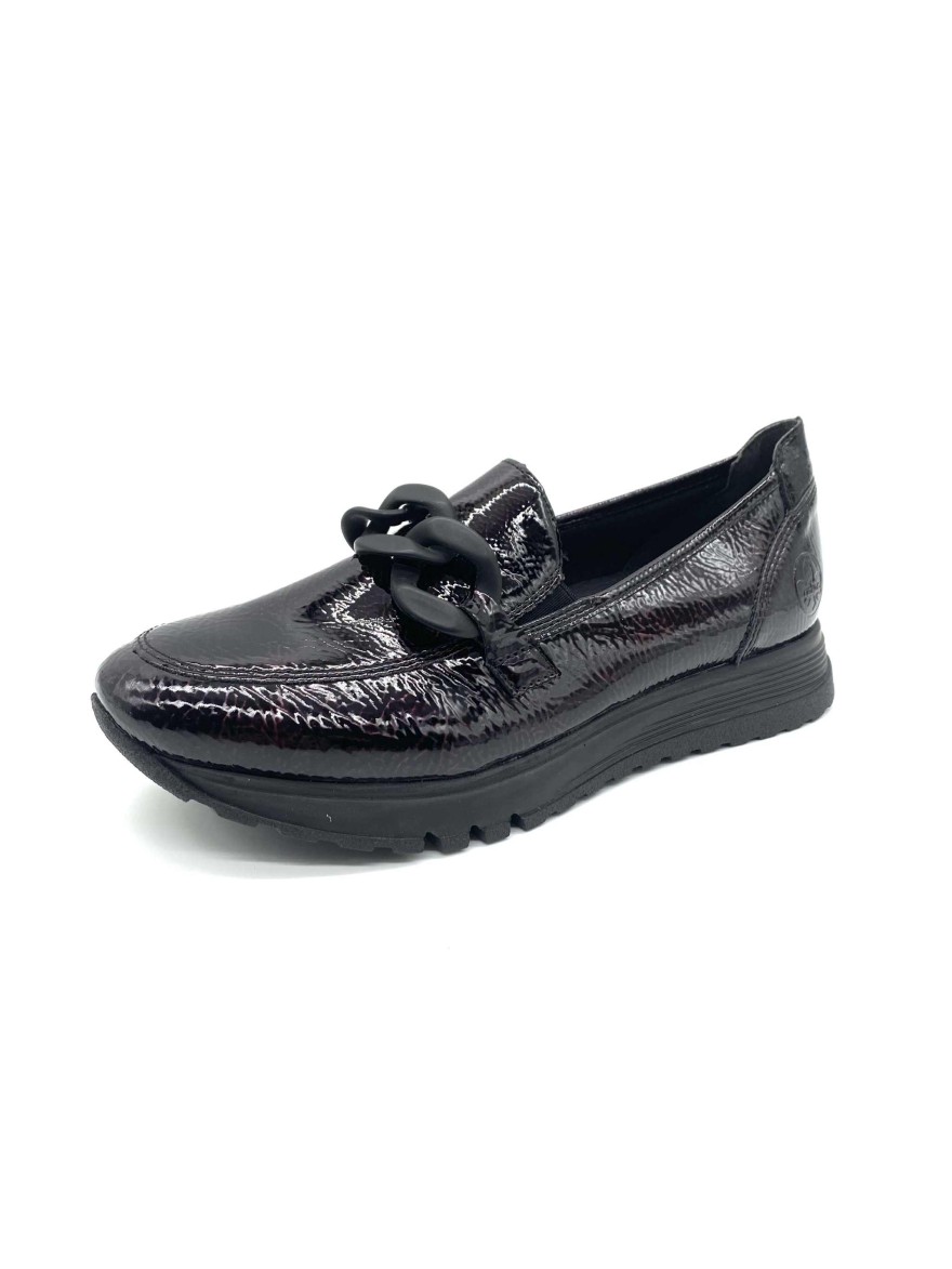 Mocassin Rieker Vernis 49051-35 | Noir verni chic & chaîne tendance | Confort Antistress