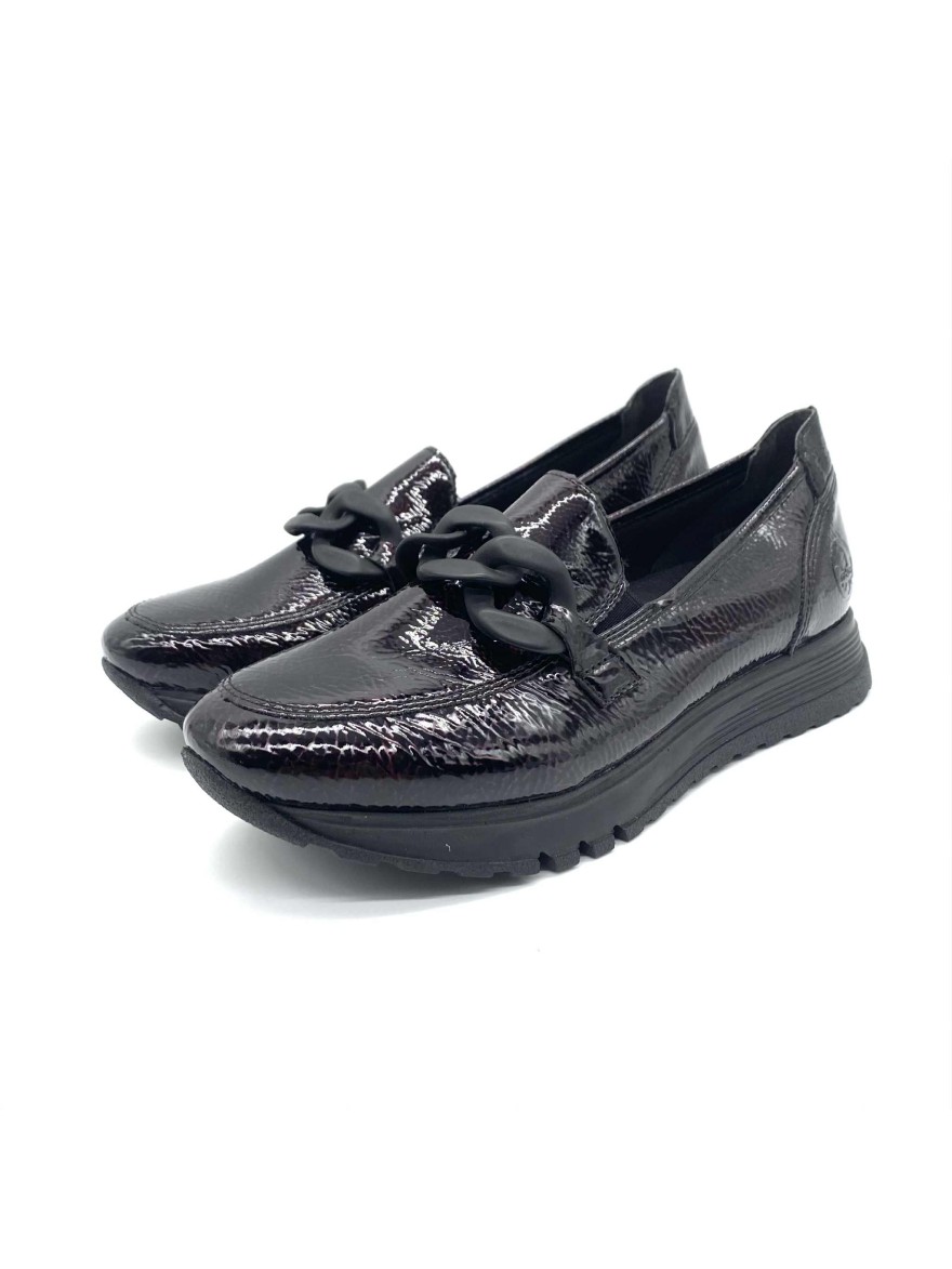 Mocassin Rieker Vernis 49051-35 | Noir verni chic & chaîne tendance | Confort Antistress