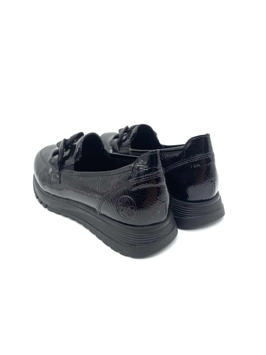 Mocassin Rieker Vernis 49051-35 | Noir verni chic & chaîne tendance | Confort Antistress