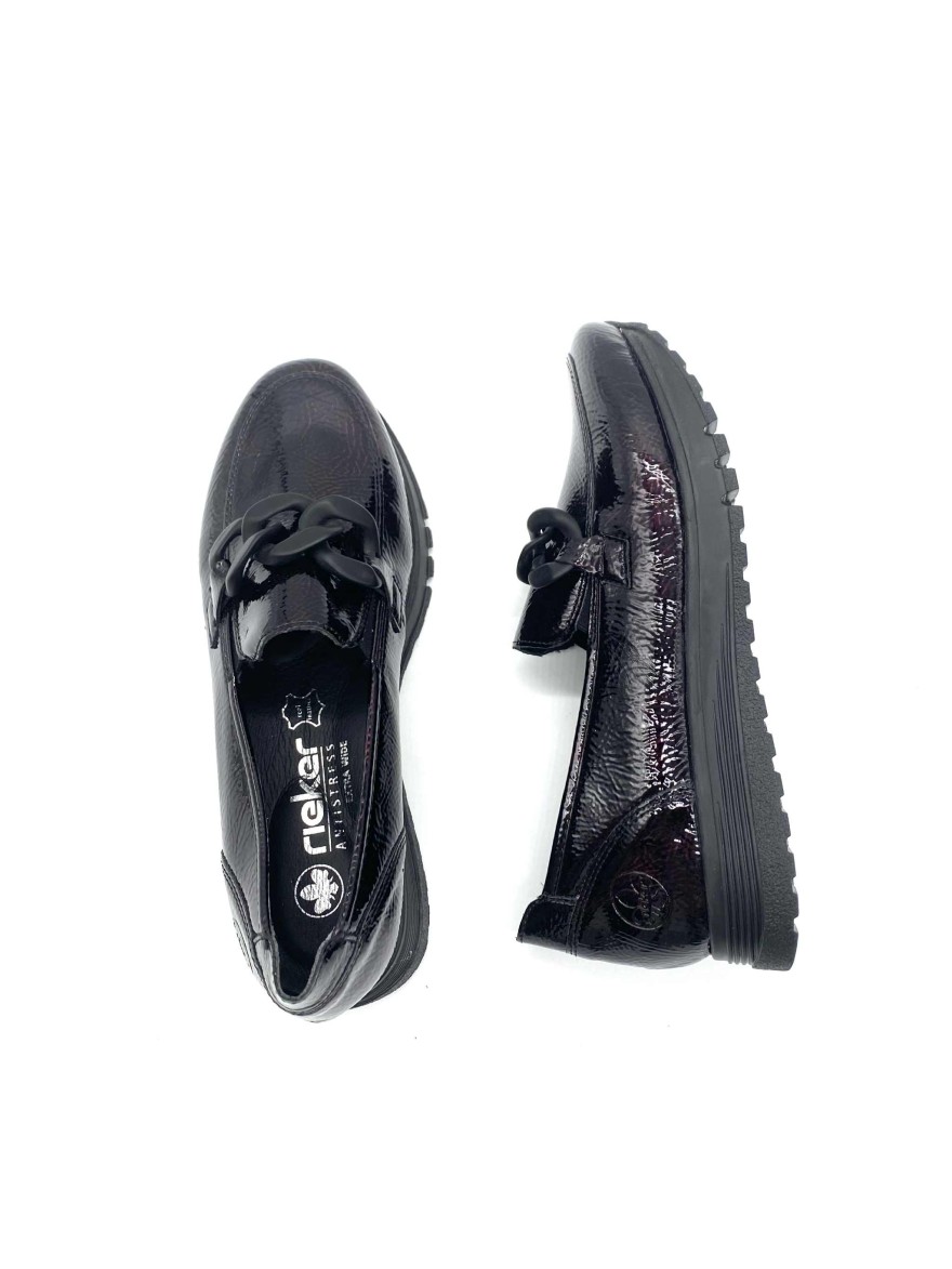Mocassin Rieker Vernis 49051-35 | Noir verni chic & chaîne tendance | Confort Antistress