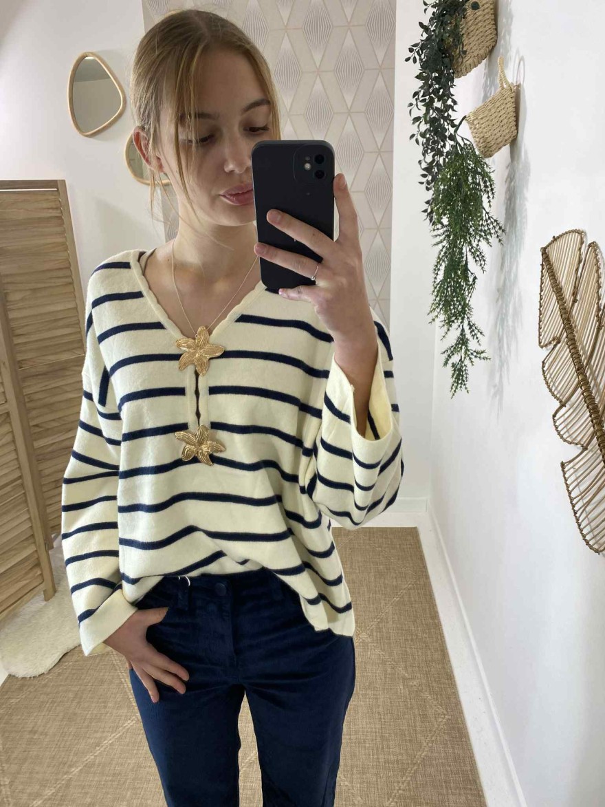 Pull Marinière Blanc Et Bleu Esprit - Taille M - Occasion Très Bon État