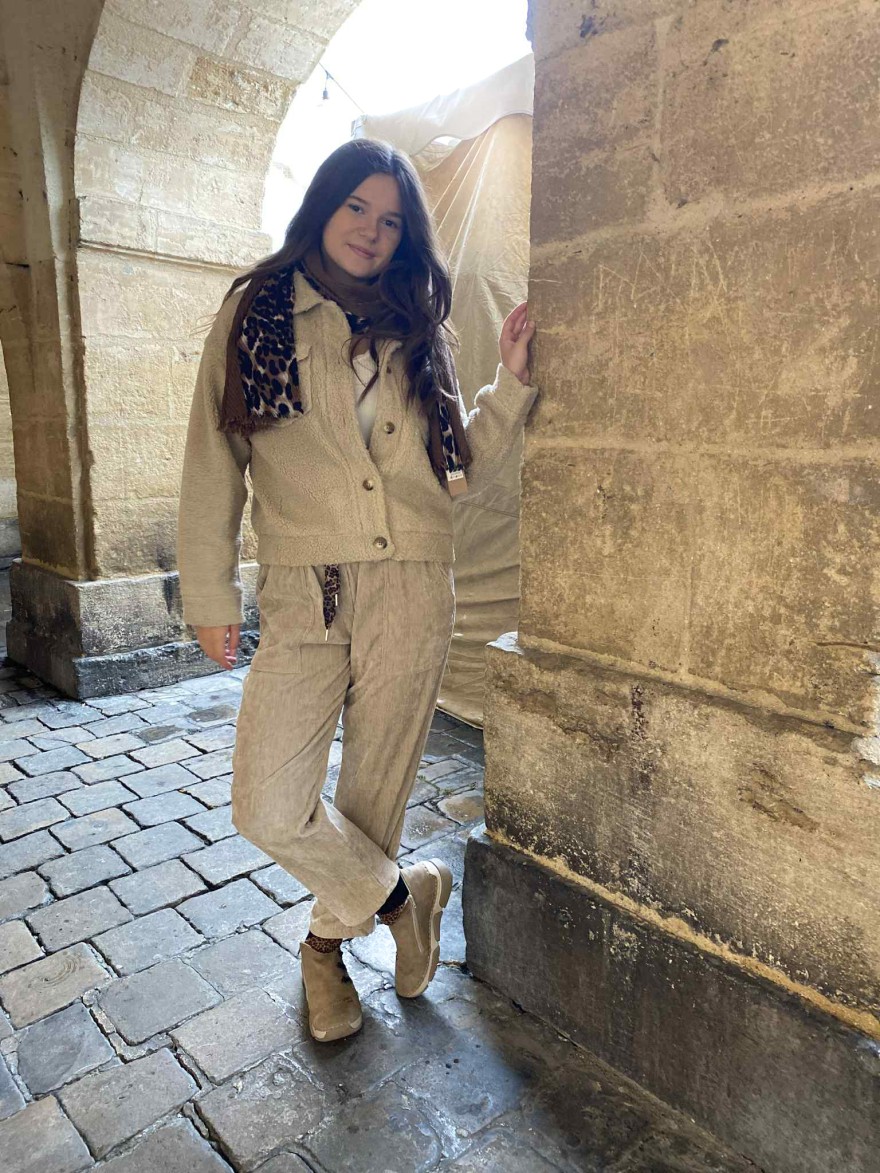 Pantalon Velours Ceinture Léopard beige| Marina & Paloma
