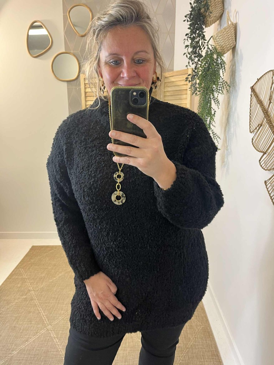 Pull long grande taille noir E&F en maille teddy | Marina & Paloma