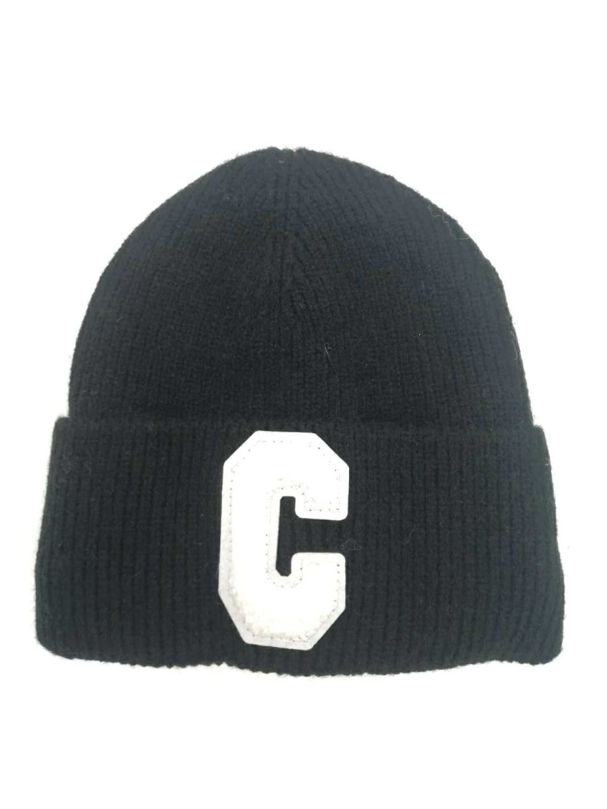Bonnet Patch C noir en maille côtelée | Marina & Paloma