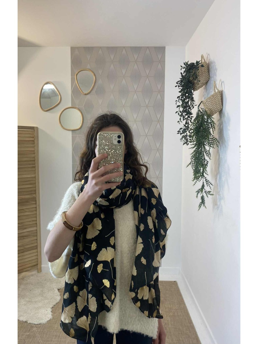Foulard Gingko noir doré hiver | Marina & Paloma