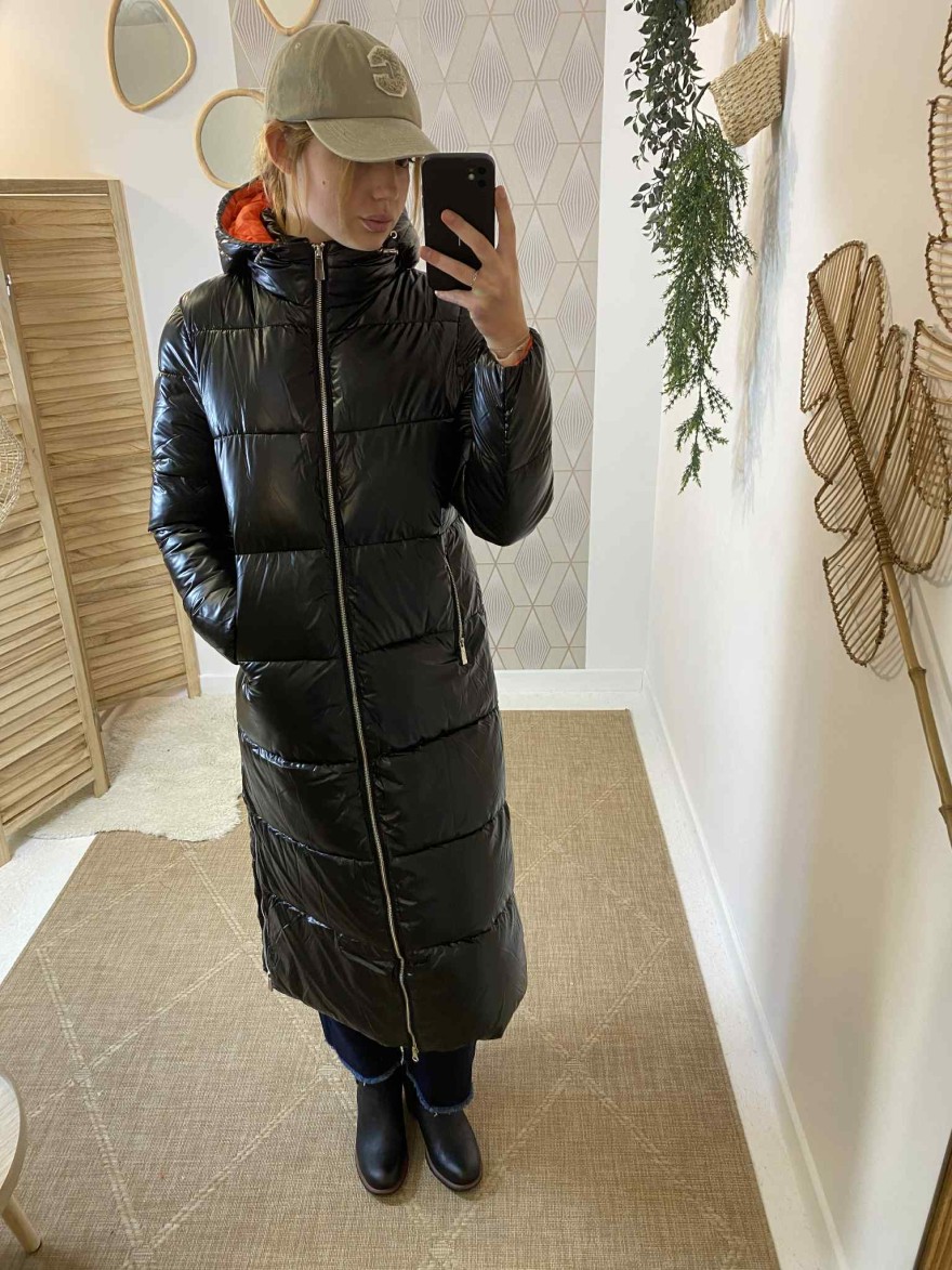Manteau long noir brillant AT8359B-2 | Marina & Paloma