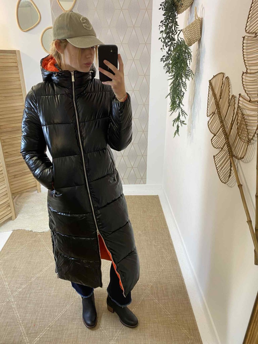Manteau long noir brillant AT8359B-2 | Marina & Paloma