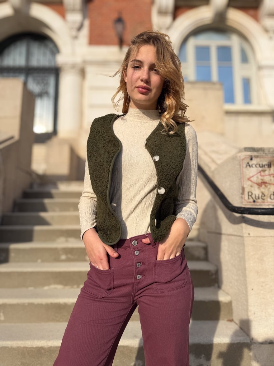 Gilet Maelle Sans Manche – Sherpa Kaki Chaleureux | Marina & Paloma