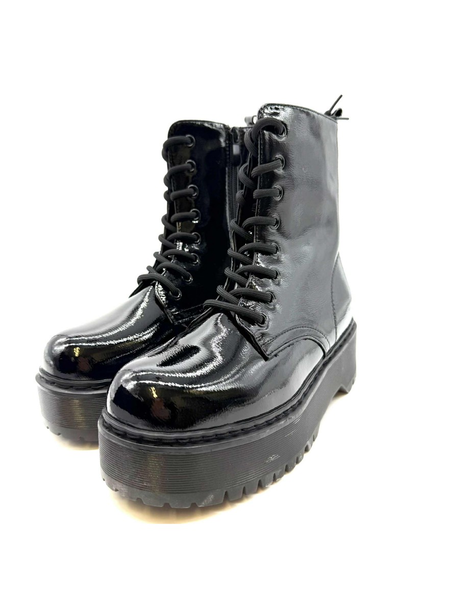 Bottine Plateforme à Lacet | Noir Verni à Semelle Crantée | Look Rock et Streetwear