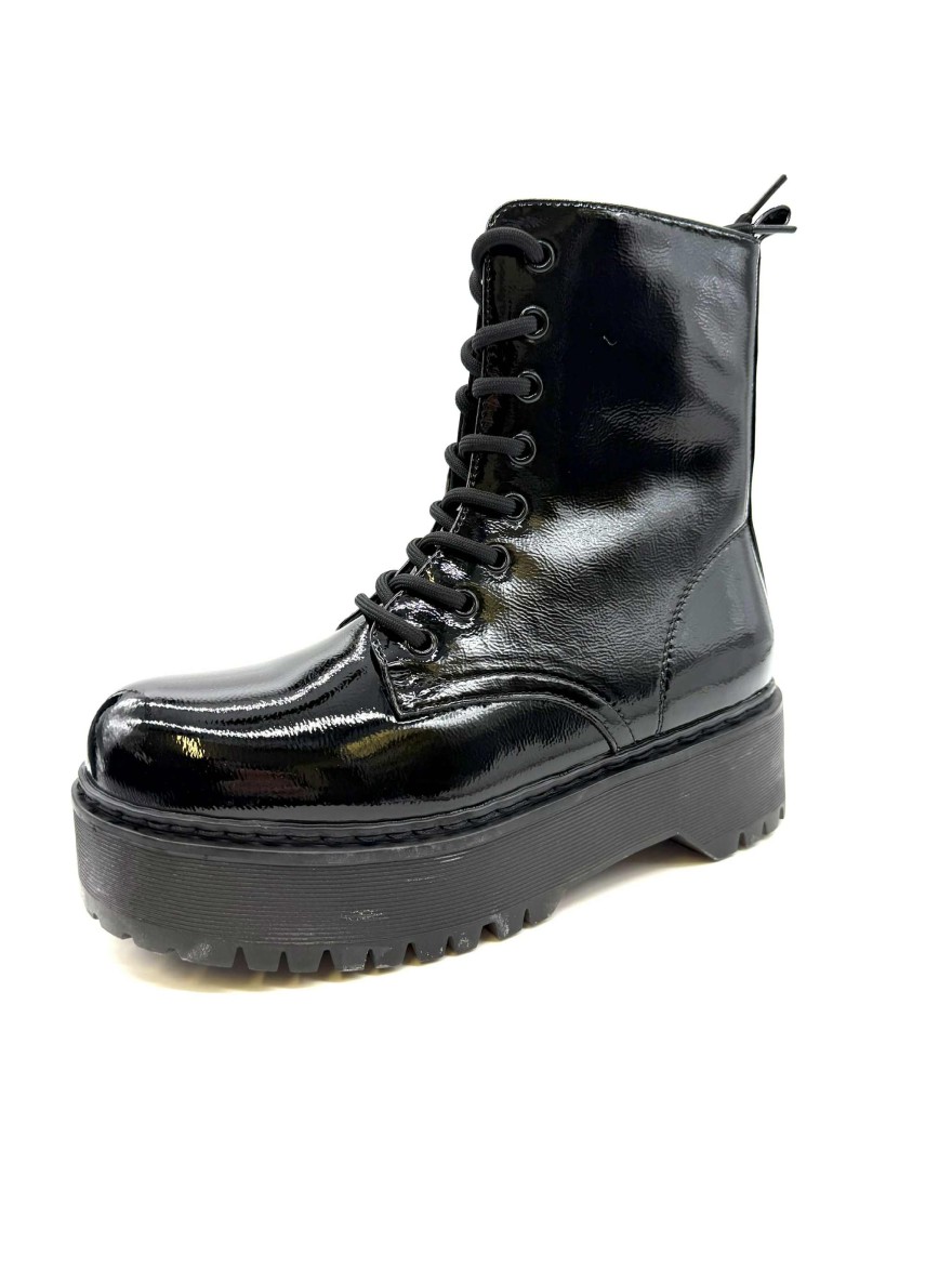 Bottine Plateforme à Lacet | Noir Verni à Semelle Crantée | Look Rock et Streetwear