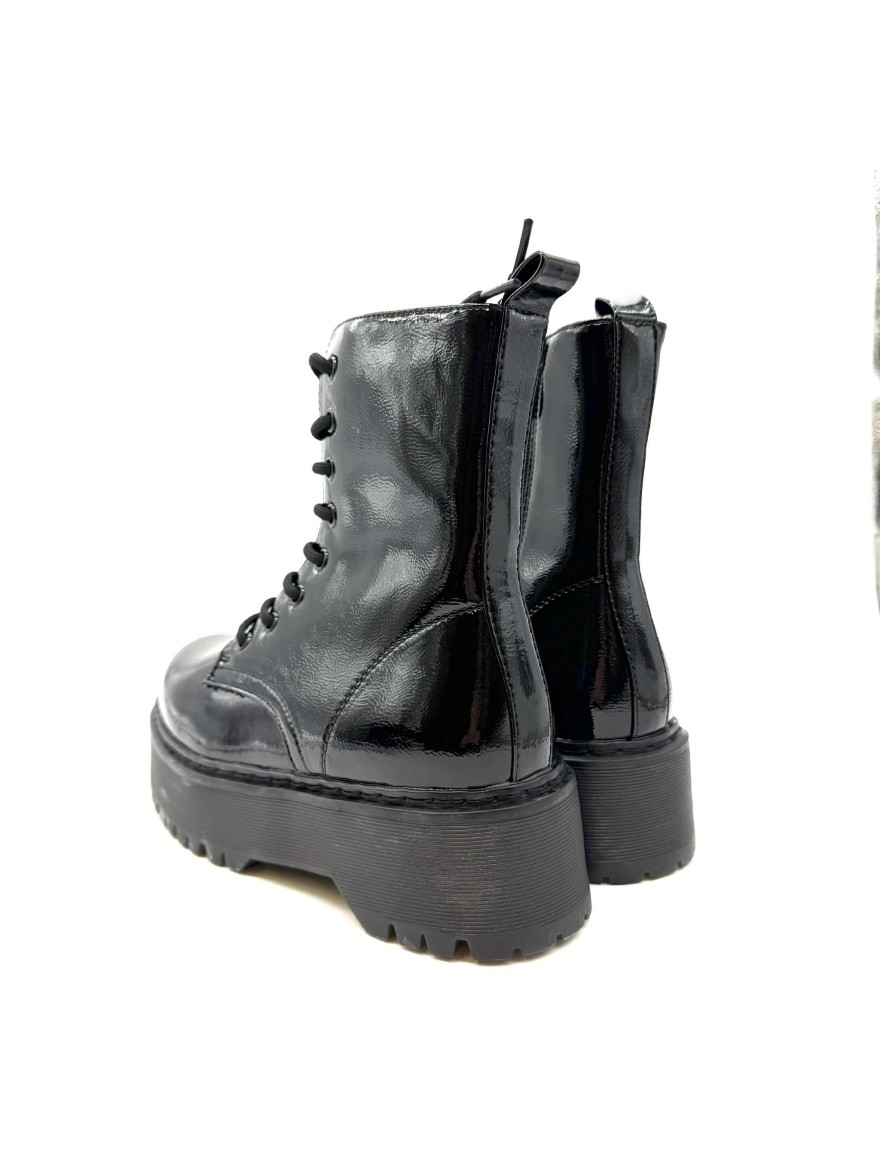 Bottine Plateforme à Lacet | Noir Verni à Semelle Crantée | Look Rock et Streetwear