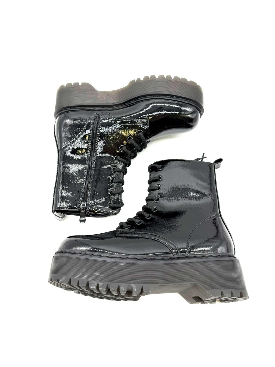 Bottine Plateforme à Lacet | Noir Verni à Semelle Crantée | Look Rock et Streetwear