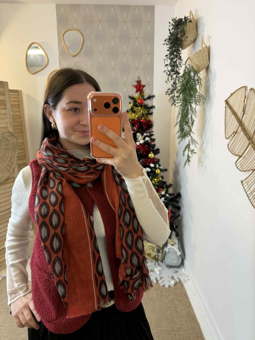 Foulard Hiver Femme – Feuillage graphique orangé intense | Marina & Paloma