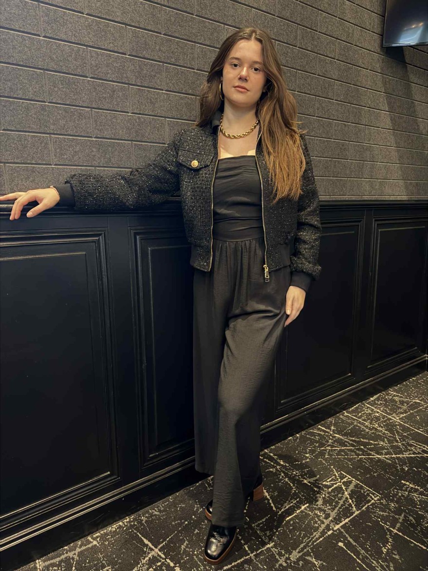 Bombers Tweed Pailleté HF – Noir texturé et détails dorés | Marina & Paloma