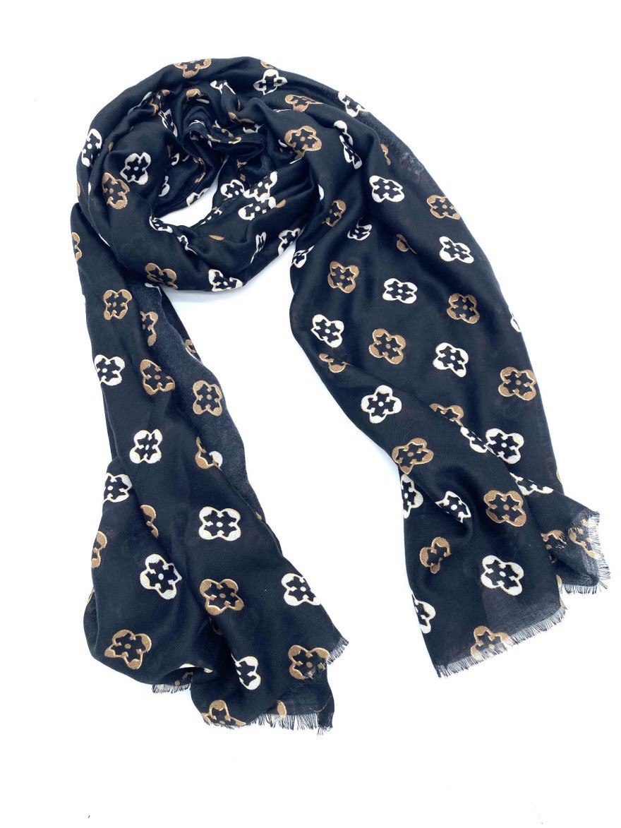 Foulard Monogramme à Détail Doré – Motifs floraux bleu marine | Marina & Paloma