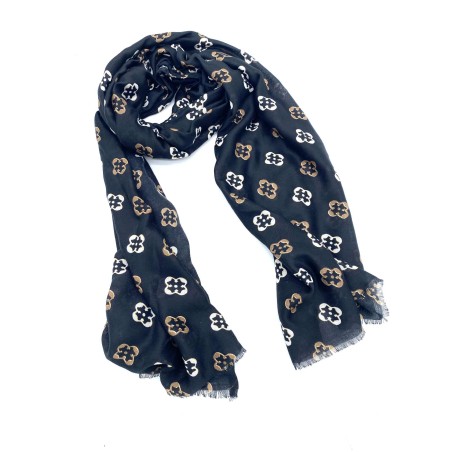 Foulard Monogramme à Détail Doré – Motifs floraux bleu marine | Marina & Paloma