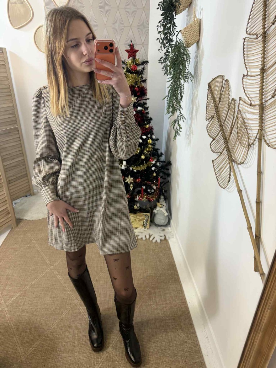 Robe à petits carreaux marron beige manches longues Kilky | Marina & Paloma