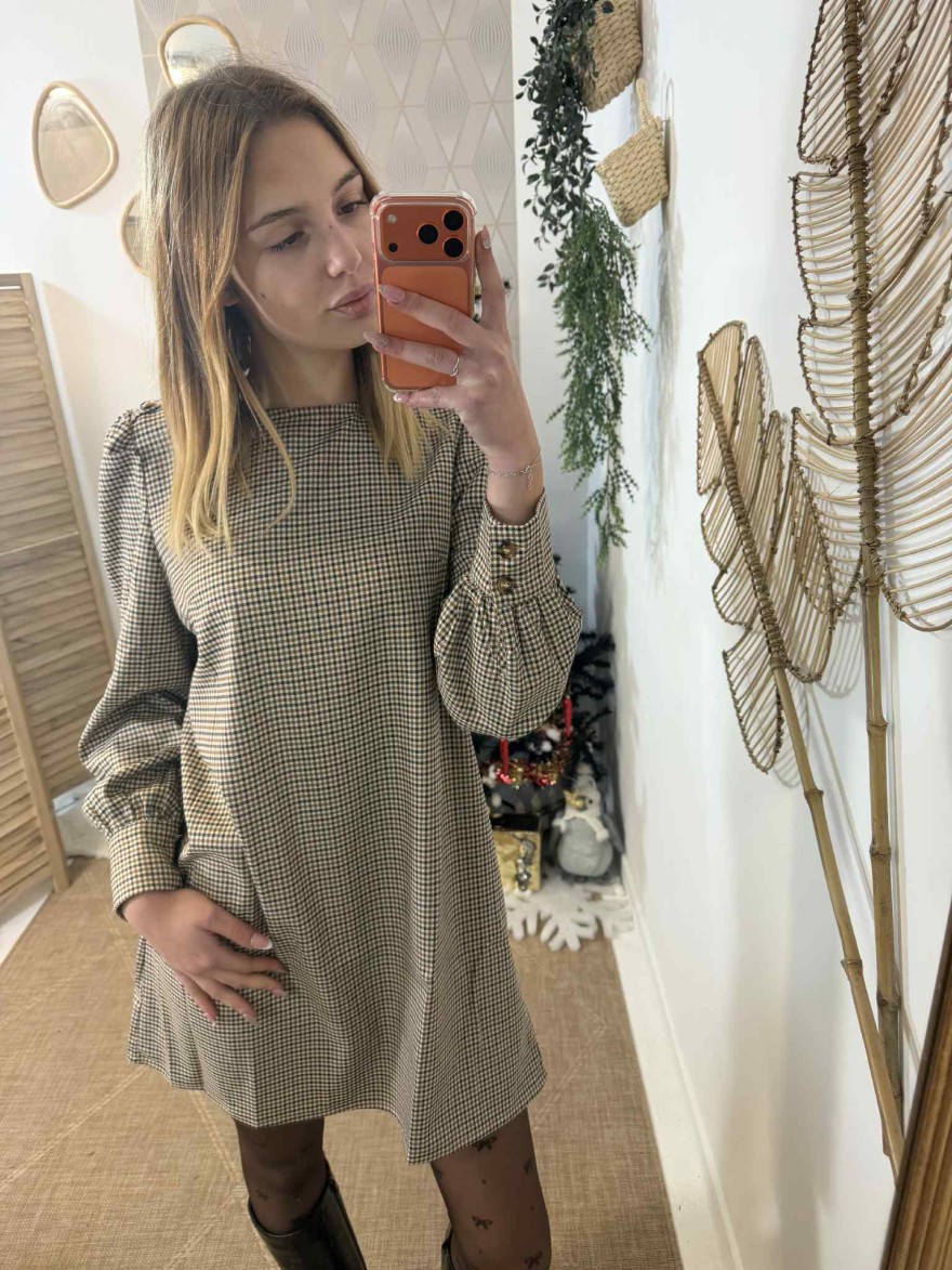Robe à petits carreaux marron beige manches longues Kilky | Marina & Paloma