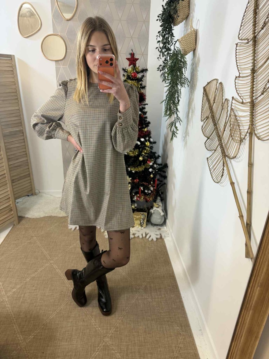 Robe à petits carreaux marron beige manches longues Kilky | Marina & Paloma