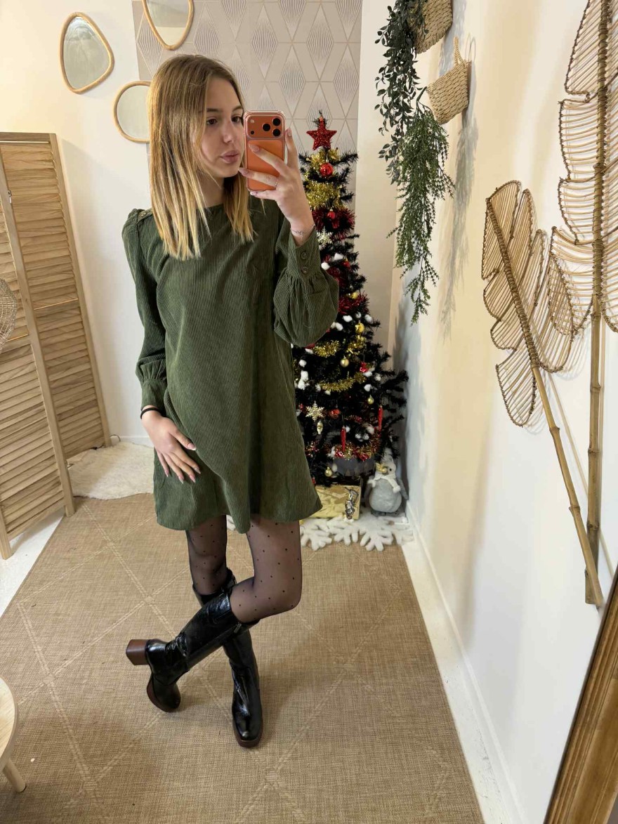 Robe en velours côtelé vert kaki | Marina & Paloma