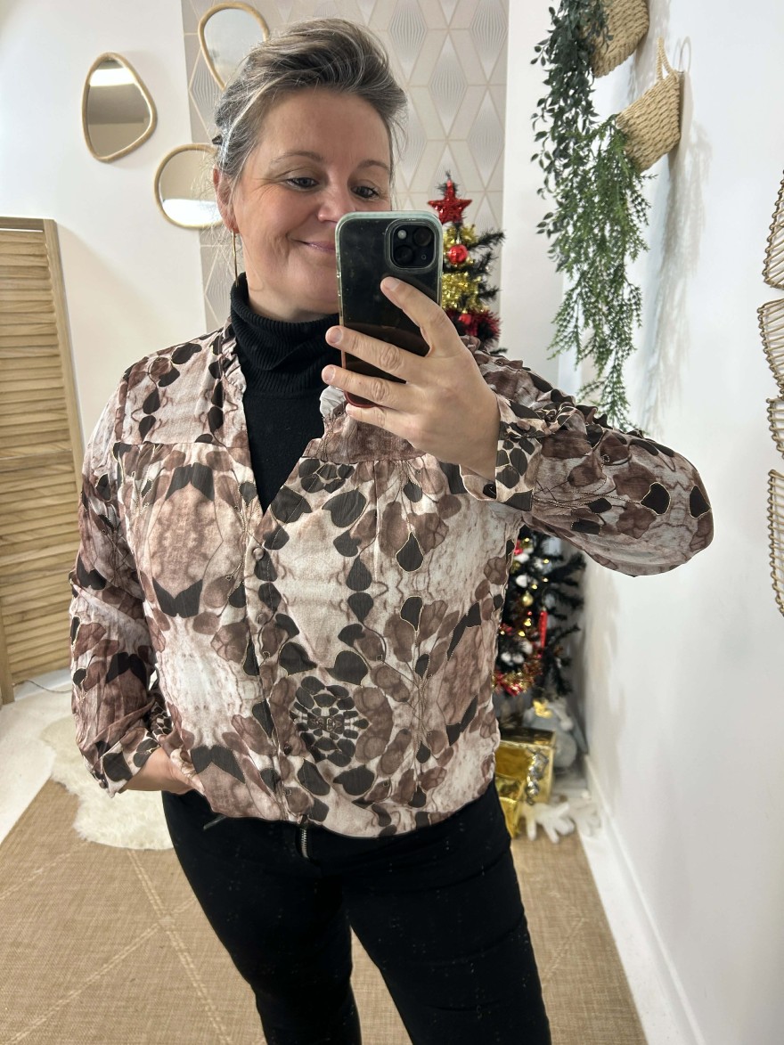 Chemisier Maelle Curvy marron à motif effet doré | Marina & Paloma