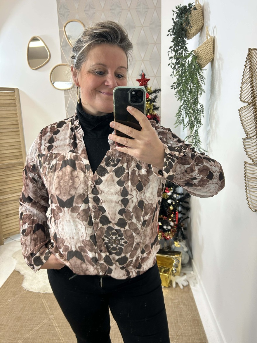 Chemisier Maelle Curvy marron à motif effet doré | Marina & Paloma