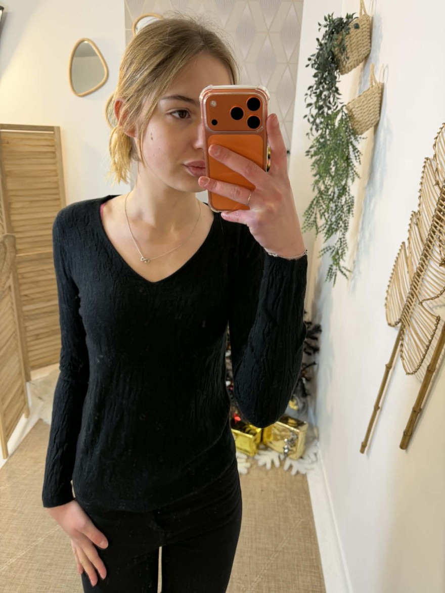 Pull noir col V ajusté femme | Marina & Paloma