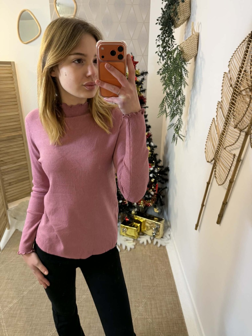 Sous-pull col cheminée rose poudré côtelé | Marina & Paloma