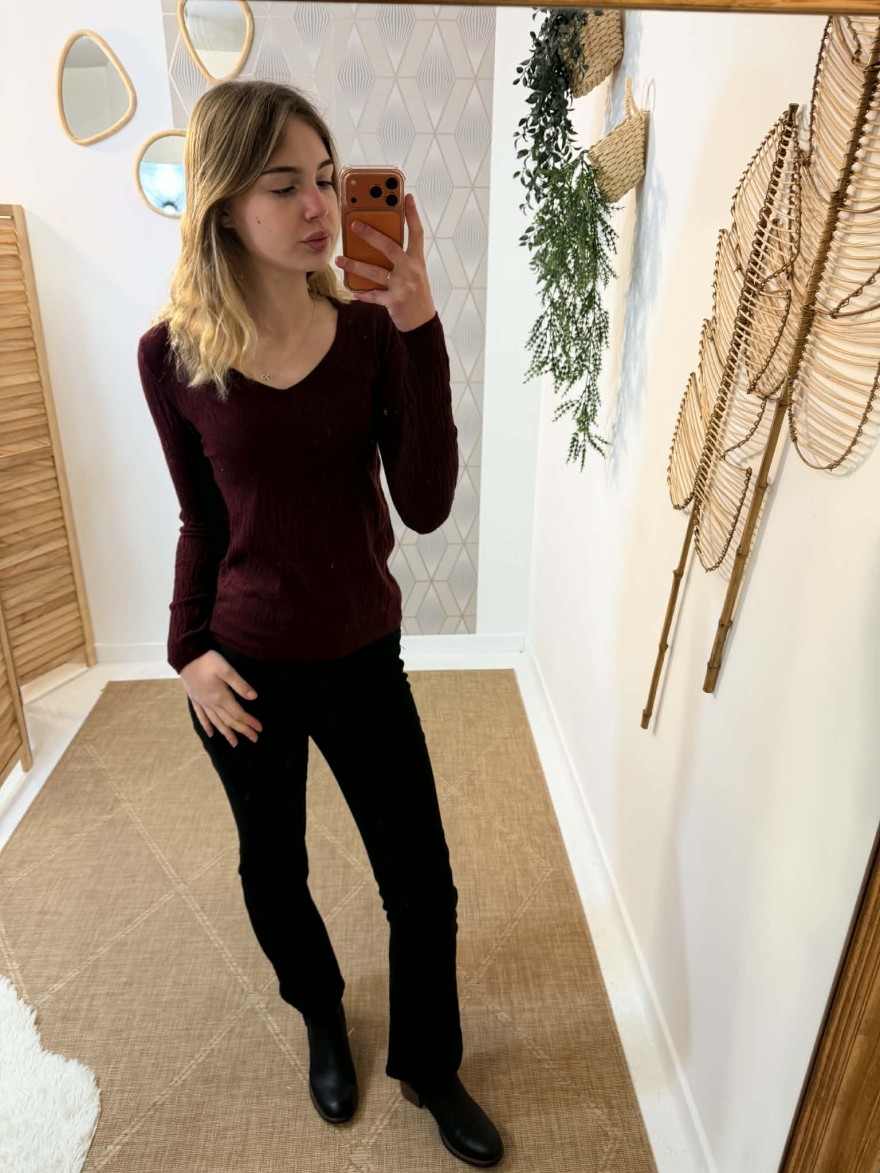 Sous pull col V bordeaux So Sweat près du corps | Marina & Paloma