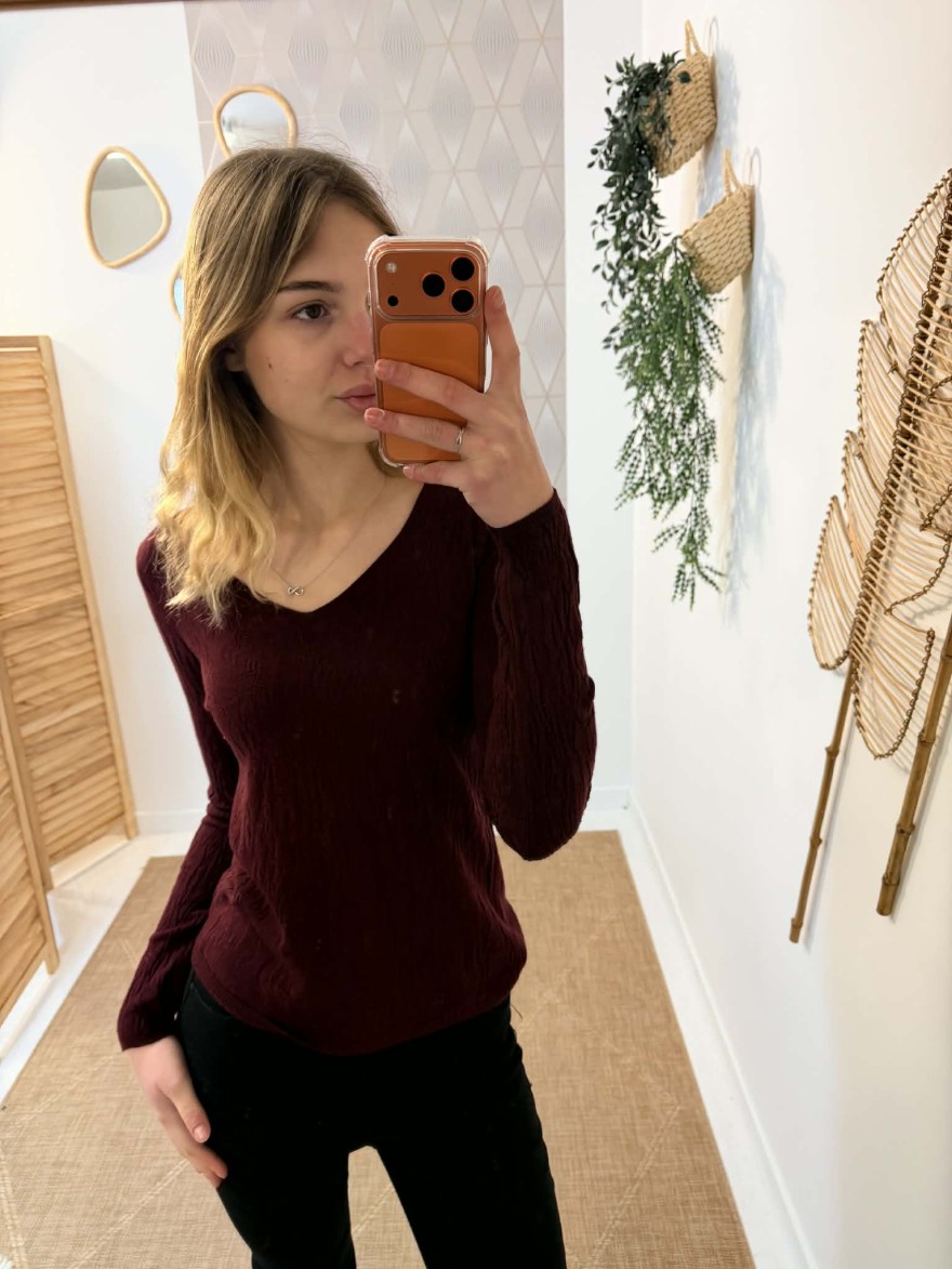 Sous pull col V bordeaux So Sweat près du corps | Marina & Paloma