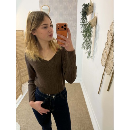 Sous-pull côtelé marron col V | Marina & Paloma