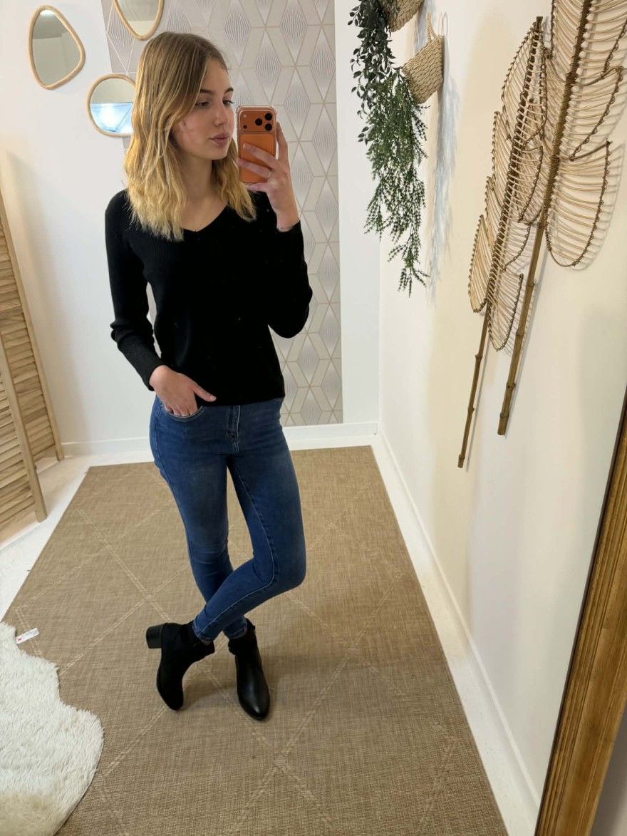 Sous-pull côtelé noir col V| Marina & Paloma