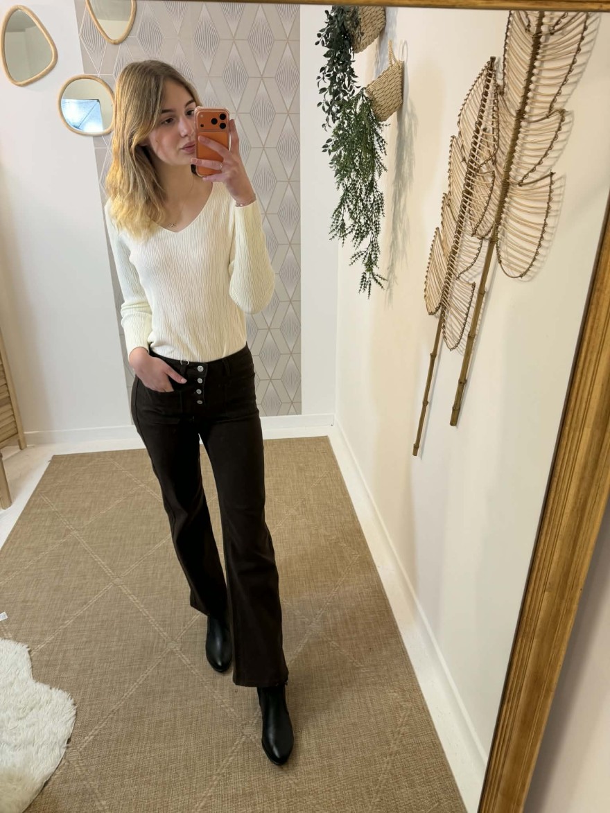 Jean flare marron foncé taille haute boutonné | Marina & Paloma