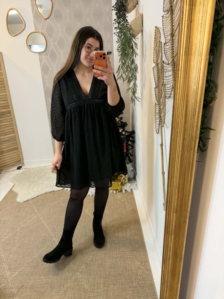 Robe courte fluide en voile plumetis noir | Marina & Paloma