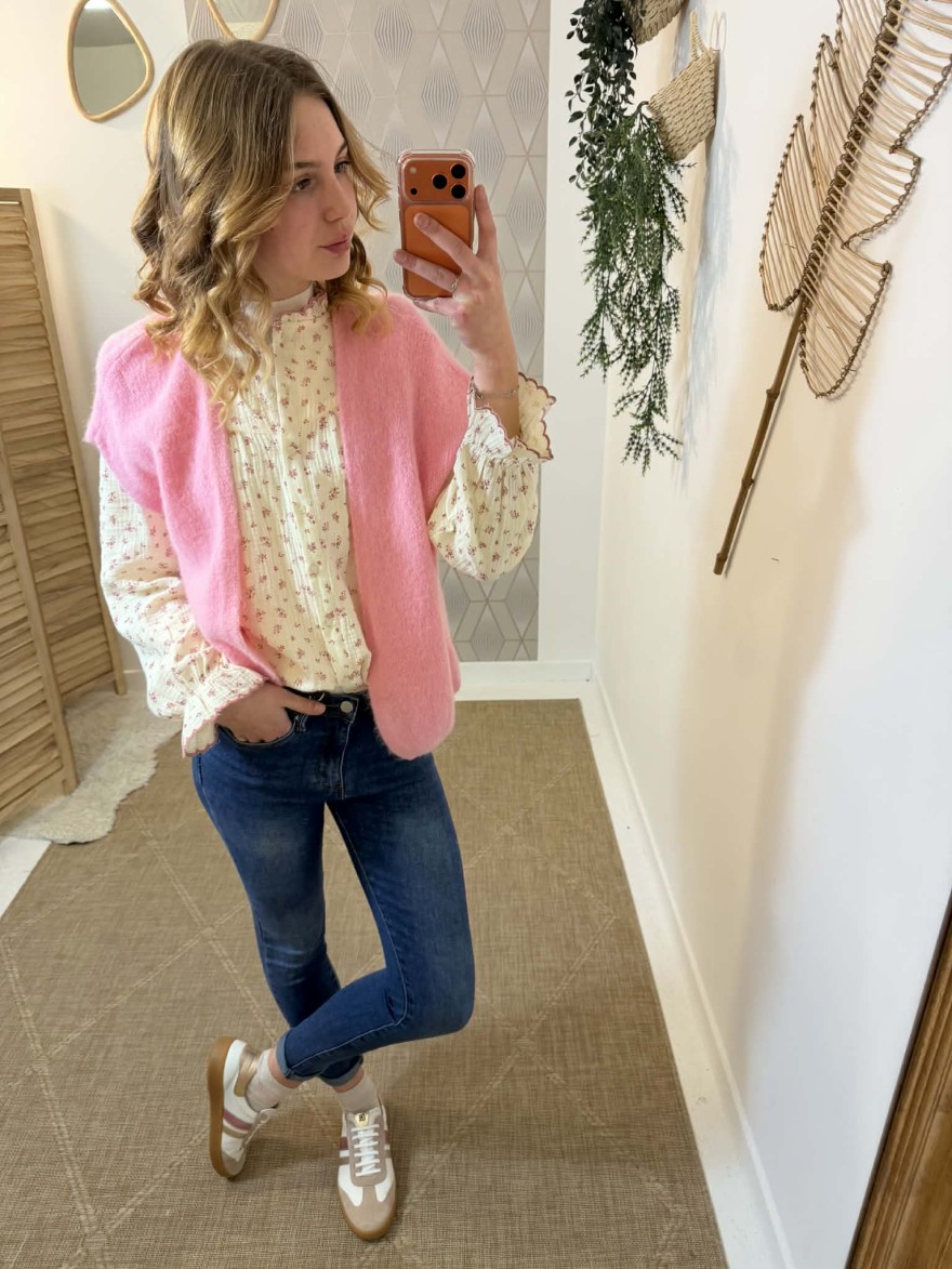 Chemise écrue à micro-imprimé fleuri col volanté | Marina & Paloma