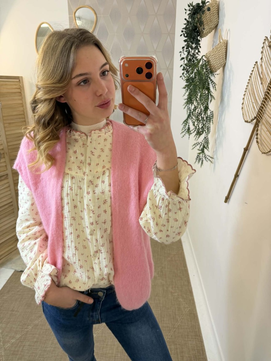Gilet sans manches rose col V maille douce | Marina & Paloma