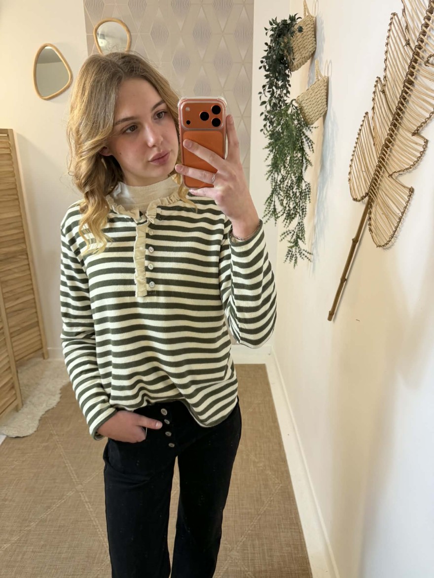 Marinière rayée vert kaki écru col Henley | Marina & Paloma