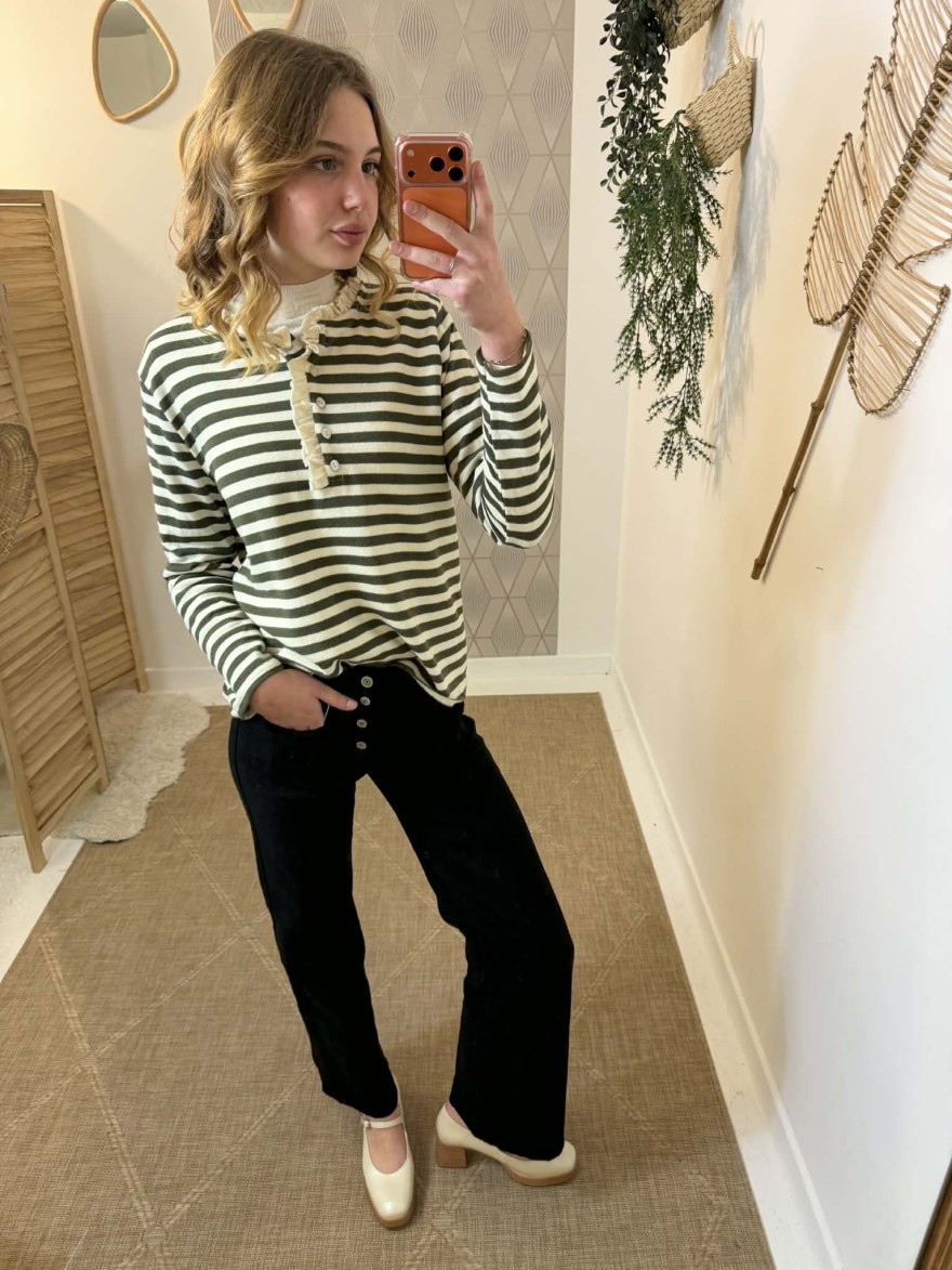 Marinière rayée vert kaki écru col Henley | Marina & Paloma