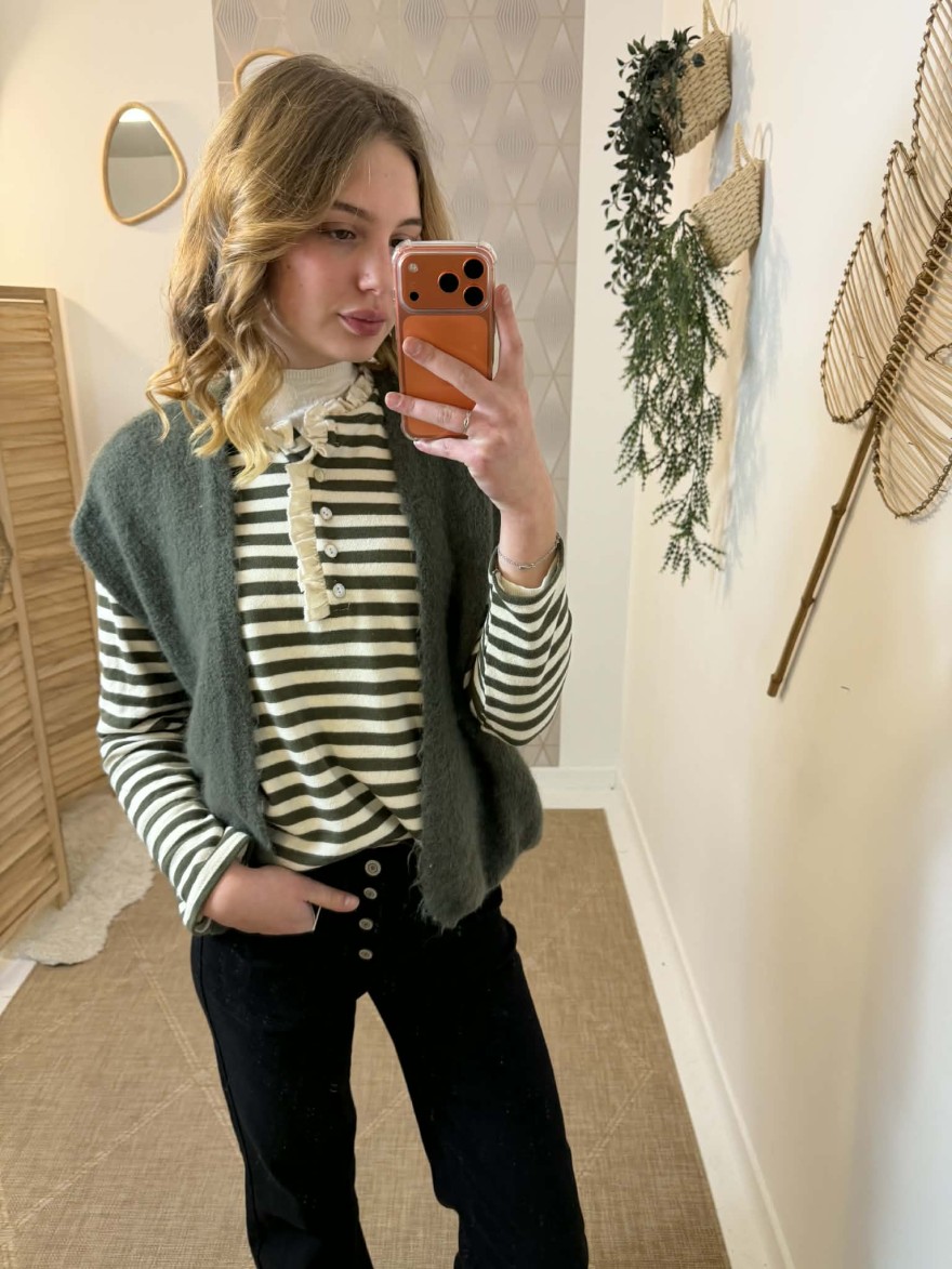 Marinière rayée vert kaki écru col Henley | Marina & Paloma