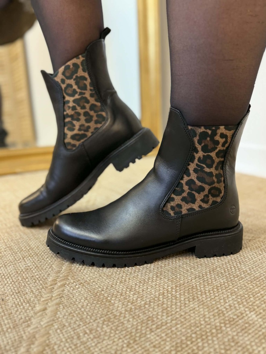 Boots Tamaris 25427 cuir noir détails léopard | Marina & Paloma