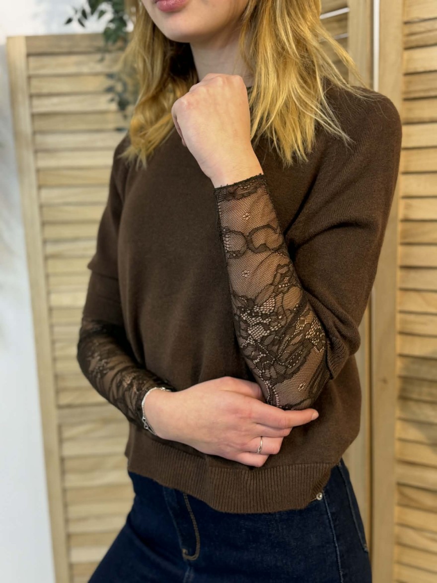 Pull manche courte Mylee marron chic et féminin | Marina & Paloma