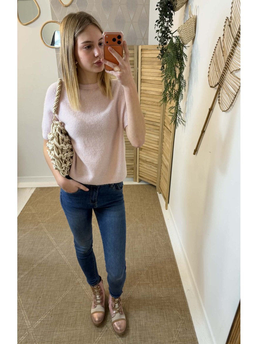Pull Manche Courte Chic Rose Poudré – Élégant | Marina & Paloma