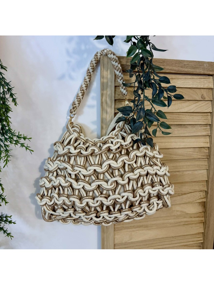 Sac à Main Effet Corde Brillant Beige Doré | Marina & Paloma