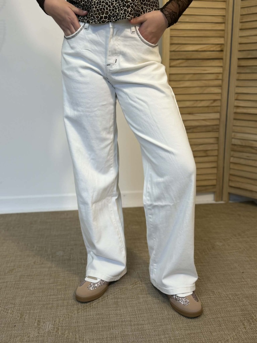 Jean Wide Blanc Cassé Brodé Poches Nina Carter Taille Haute | Marina & Paloma