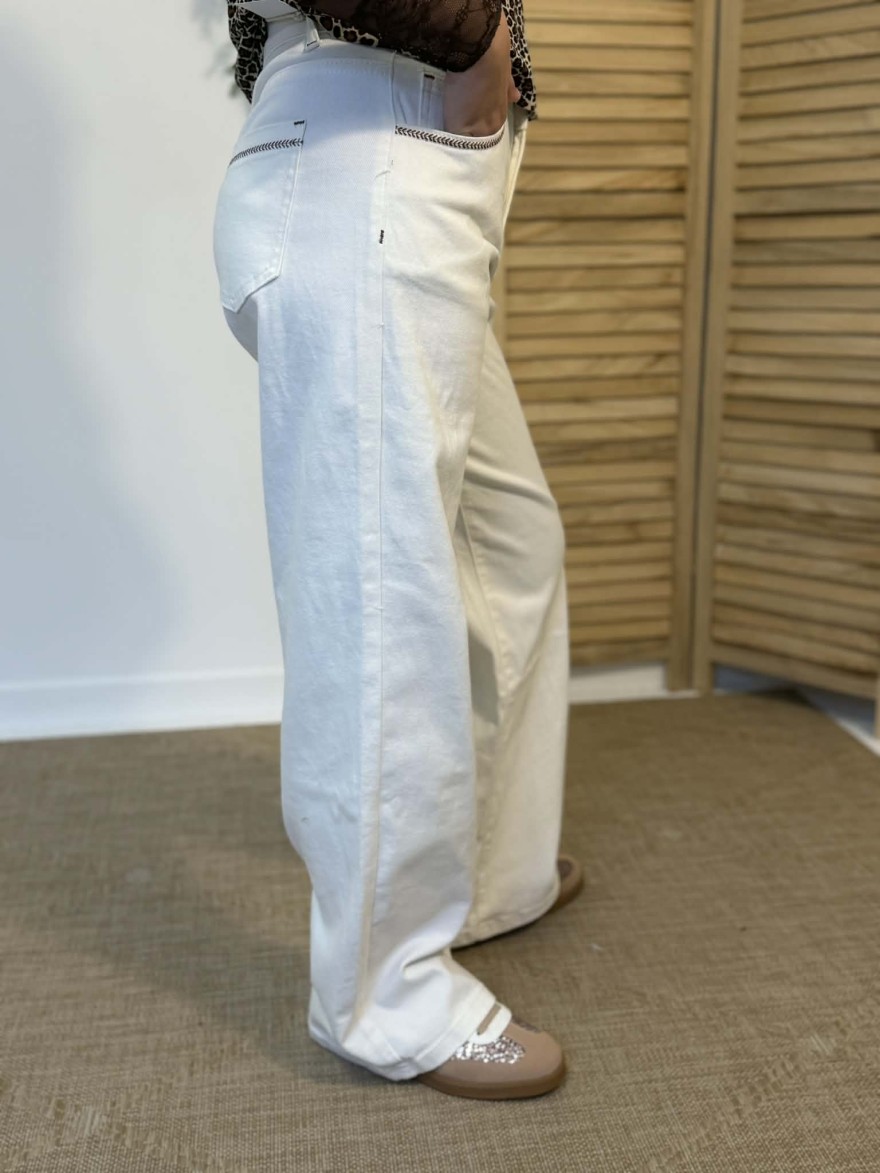 Jean Wide Blanc Cassé Brodé Poches Nina Carter Taille Haute | Marina & Paloma