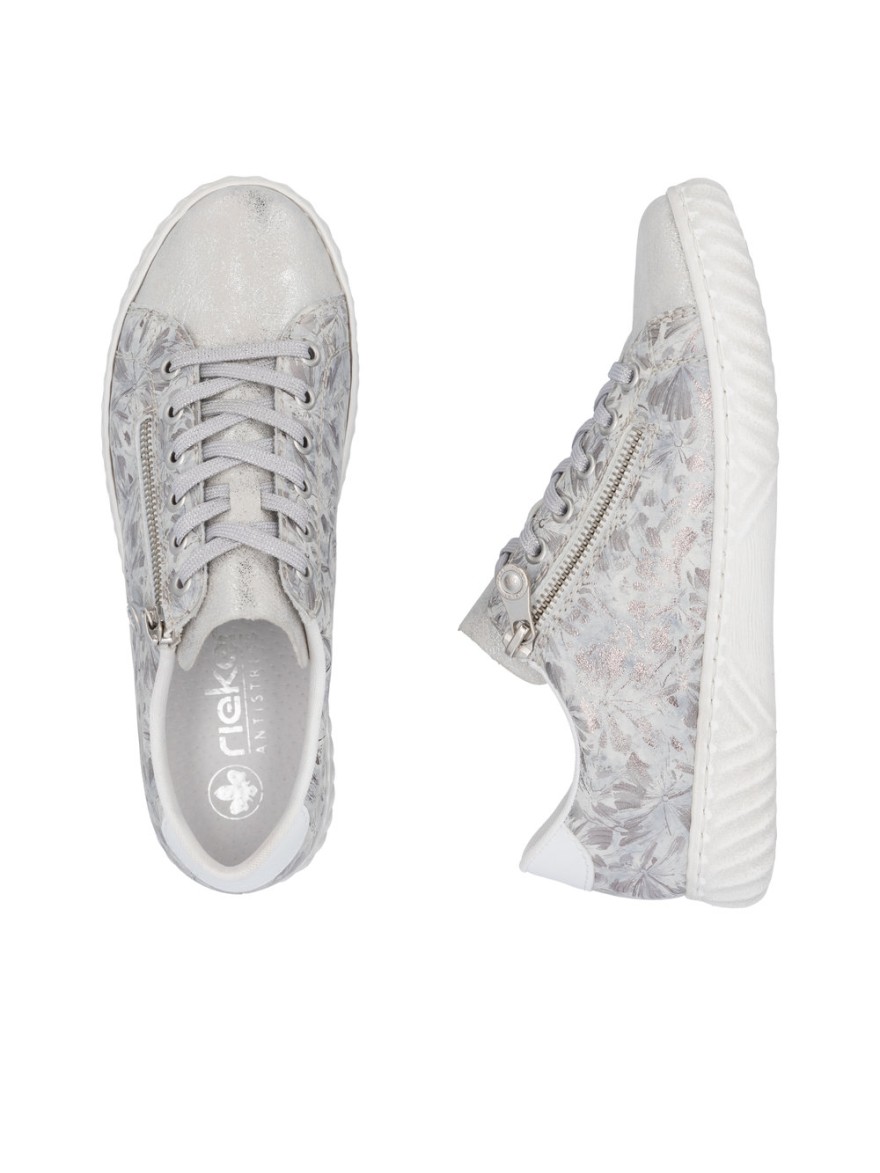 Basket Rieker N0900-90 cuir gris argenté floral | Marina & Paloma