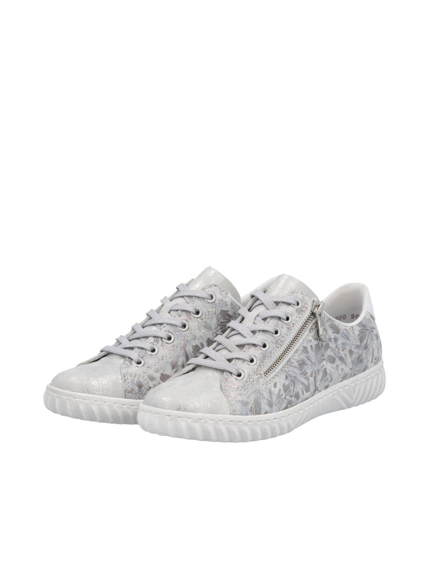 Basket Rieker N0900-90 cuir gris argenté floral | Marina & Paloma