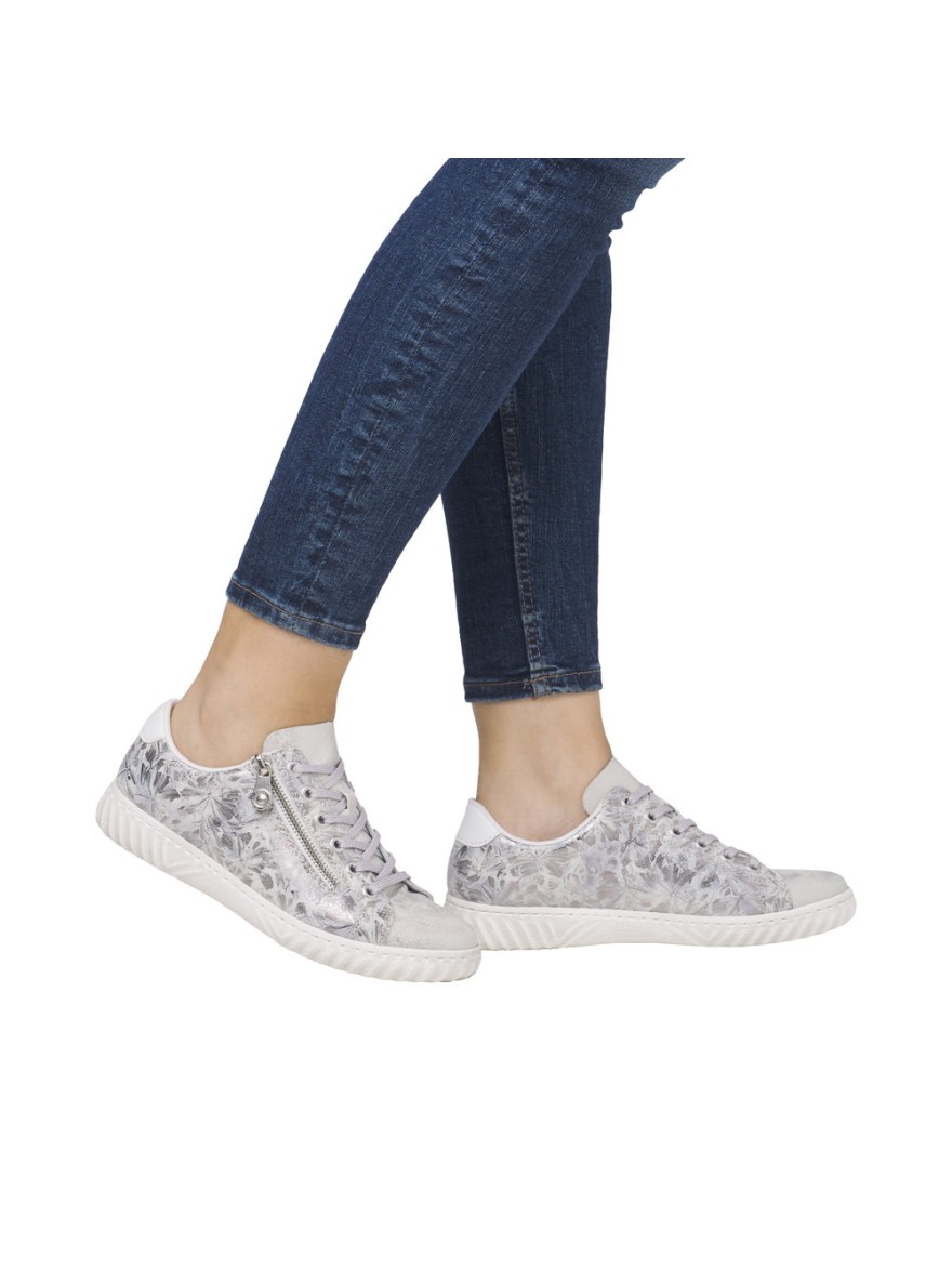 Basket Rieker N0900-90 cuir gris argenté floral | Marina & Paloma