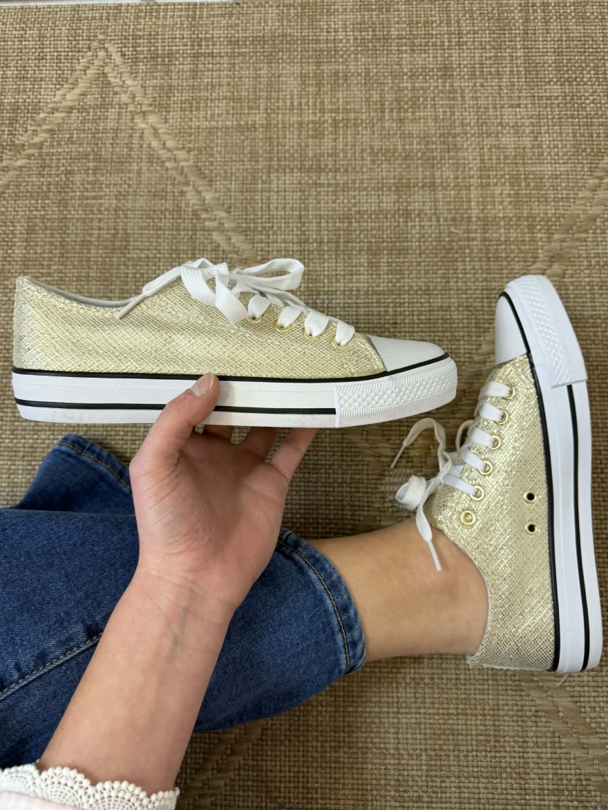 Basket Toile Or Erynn brillante lacets blancs | Marina & Paloma