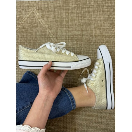 Basket Toile Or Erynn brillante lacets blancs | Marina & Paloma